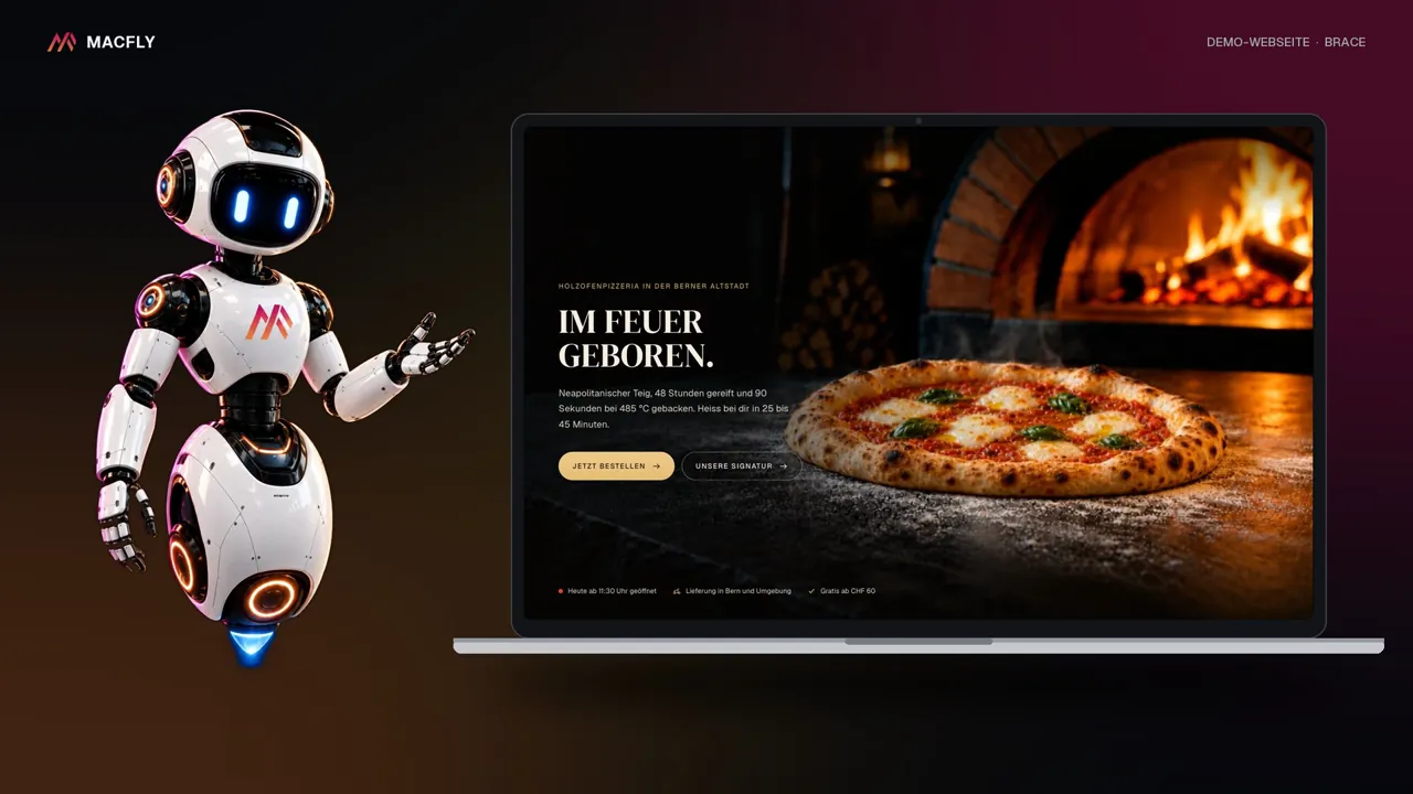 Demo-Webseite BRACE im Laptop, vorgestellt von m-Fly