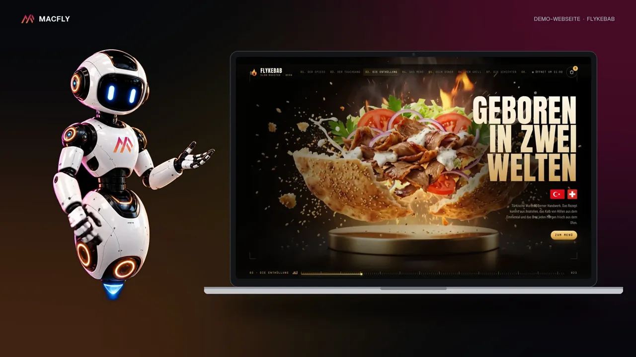 Demo-Webseite FlyKebab im Laptop, vorgestellt von m-Fly
