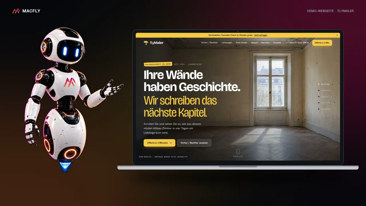 Demo-Webseite flyMaler für ein Malergeschäft im Laptop, vorgestellt von m-Fly
