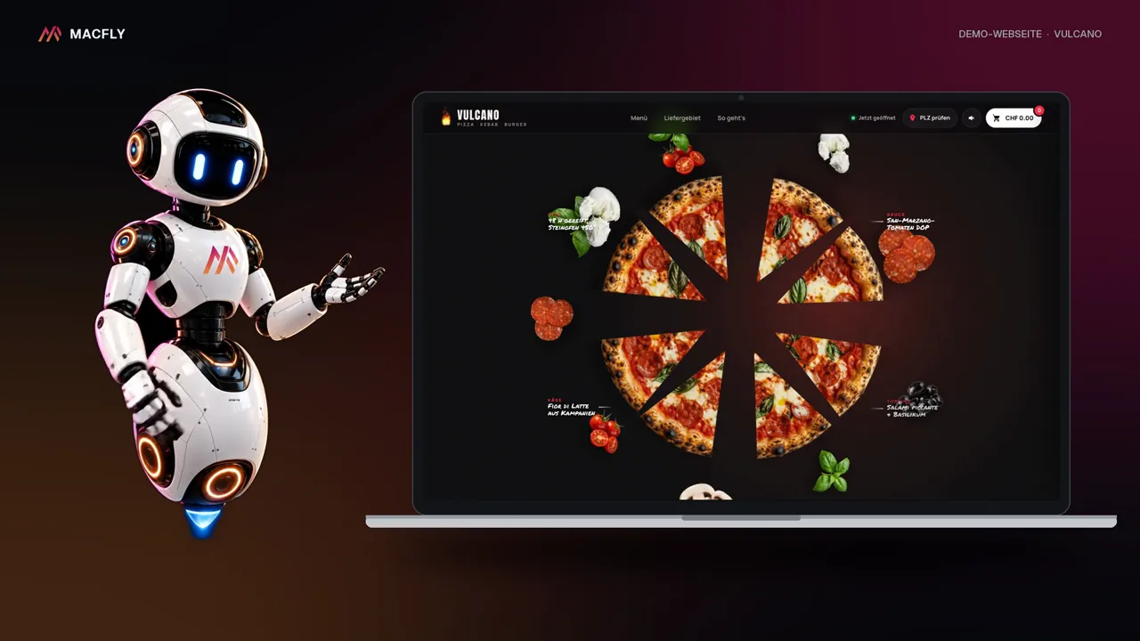 Demo-Webseite VULCANO im Laptop, vorgestellt von m-Fly